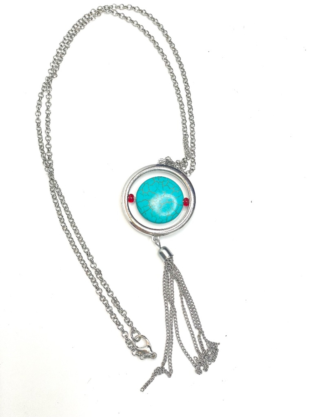 VINTAGE SILVER TONE 28” NECKLACE FAUX TURQUOISE TASSELED 5” PENDANT
